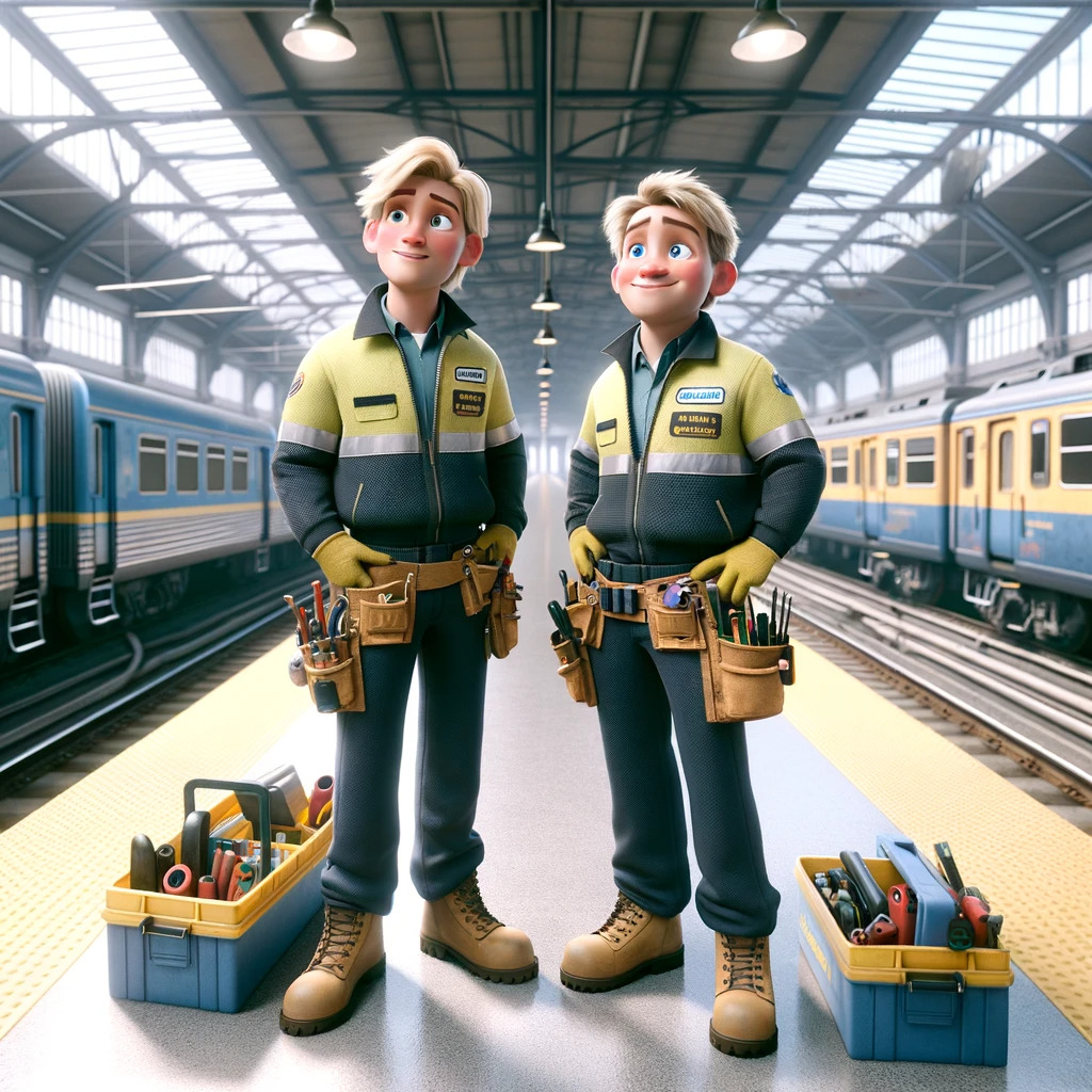 DALL·E 2024-01-30 08.49.39 - Create an illustration of two blonde electricians in their 30s, depicted in the Pixar animation style. They are standing on a train station platform,