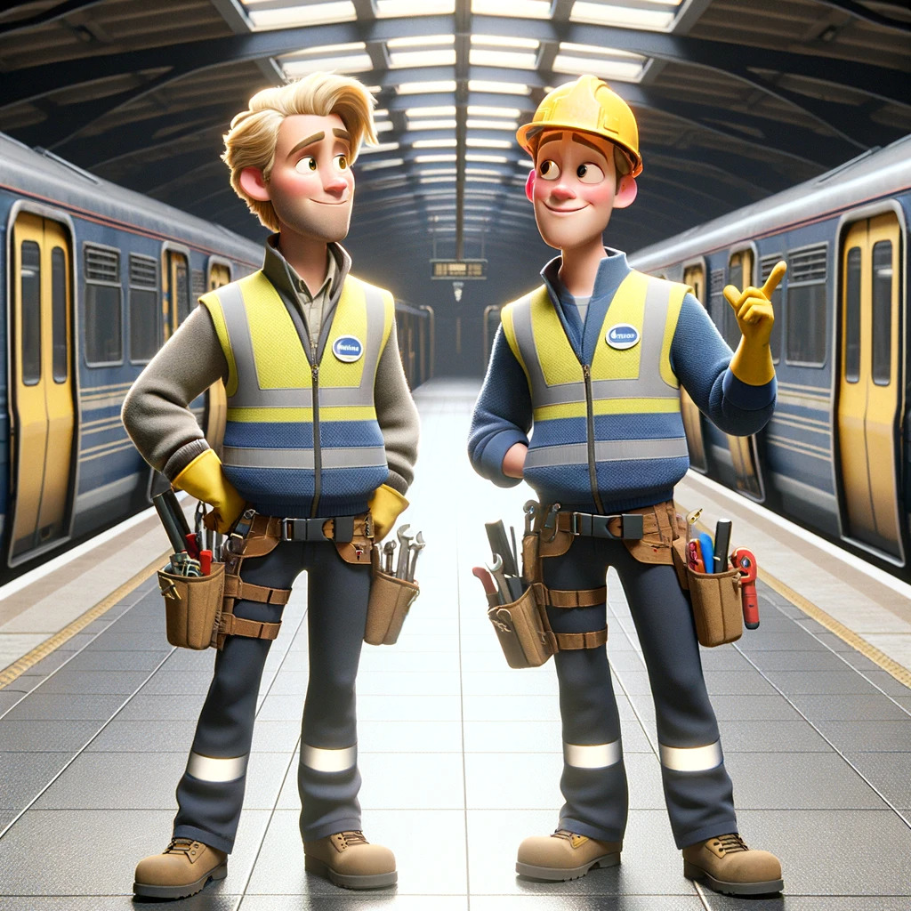 DALL·E 2024-01-30 08.53.52 - Illustrate two characters as blonde electricians in their 30s on a train station platform, in the Pixar animation style. They are wearing high visibil